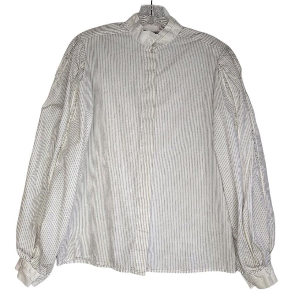 Clubhouse striped button-front blouse with balloon sleeves, size 8